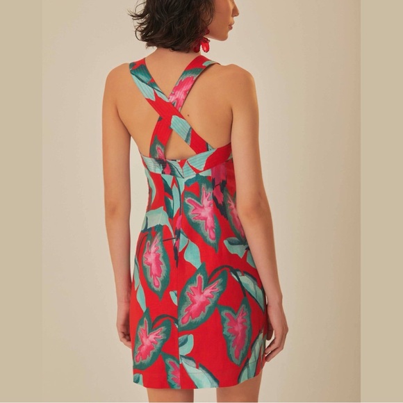 FARM Rio Summer Foliage Cross Back Mini Dress Red Medium NWT - Picture 16 of 16